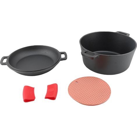 Marmite de four avec couvercle de poêle en fonte, double poignées, ensemble d'ustensiles de cuisine pour la friture, la cuisson, le Camping (1/5)