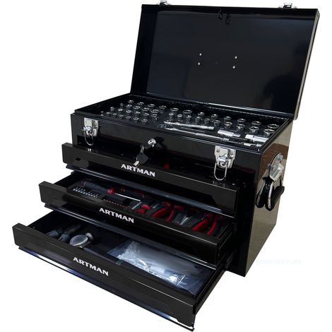 Boîte à outils portable 20" à trois couches, quatre étages avec serrures métalliques, rangement supérieur, noire (1/5)