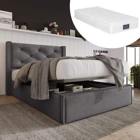 Bett Einzelbett Stauraum 90x200 Polsterbett Grau OKMYHOME