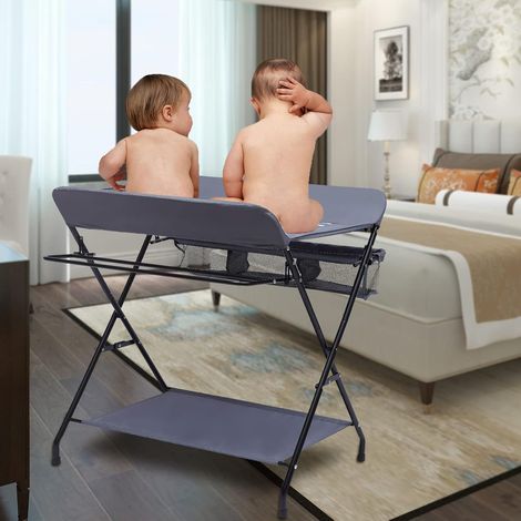 Fasciatoio pieghevole, colore grigio, con cestino e piano di appoggio, fasciatoio compatto, salvaspazio e stabile, per bambini fino a 12 mesi (1/5)