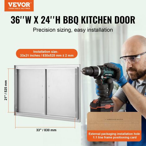 Porte d'Accès pour Barbecue, Double Porte de Cuisine Extérieure 915x610x46 mm, Porte Encastrée en Acier Inoxydable, avec Poignées, pour Îlot de Barbecue, Placard Extérieure, Jardin, Argenté (1/5)