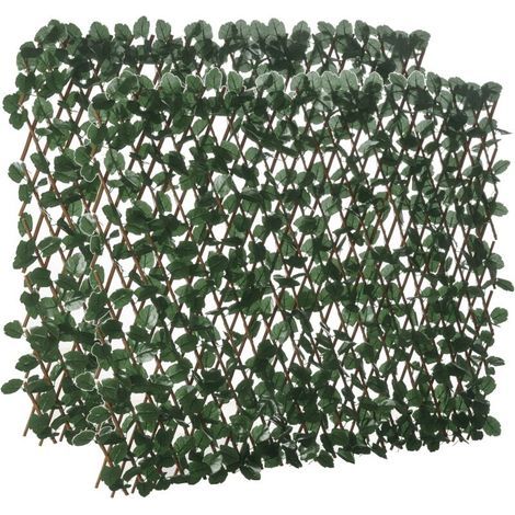 Haie artificielle feuilles murale brise-vue 2 panneaux longueur ajustable 295 x 70 cm treillis extensible en PE vert (1/5)