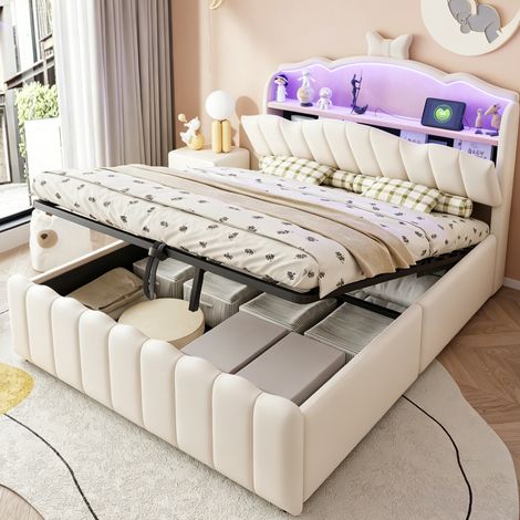 Litera 140/200 cm en beige con terciopelo, LED y espacio de almacenaje (1/5)