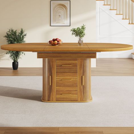 Table de salle à manger extensible ronde/ovale 118–158 cm, 6 personnes, 3 rangements, en bois de noyer, idéale cuisine & salon (1/4)