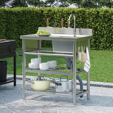 80 x 50 cm, évier en acier inoxydable à poser, 2 étagères, robinet, porte-couteaux, crochets, écoulement en X, tapis isolant, tuyau d'évacuation en U, idéal pour les barbecues, les cuisines de jardin, (1/5)
