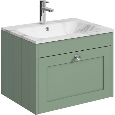 Balterley Butterton 600mm Wall Hung 1 Drawer Unit with Stone Basin 1 Tap Hole, Satin Green (1/4)