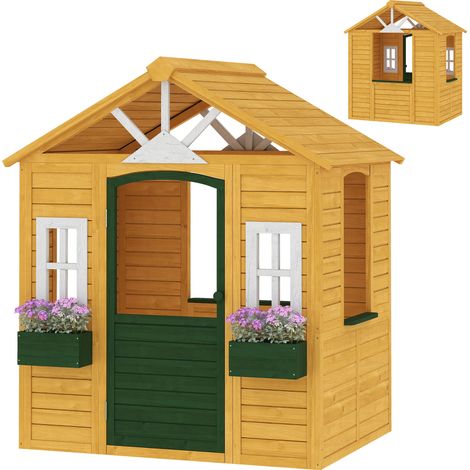 Cabane enfant extérieur, porte. fenêtres. 2 bacs à fleurs. 134.5 x 97 x 150 cm. marron, bois. maison enfant extérieure (1/5)