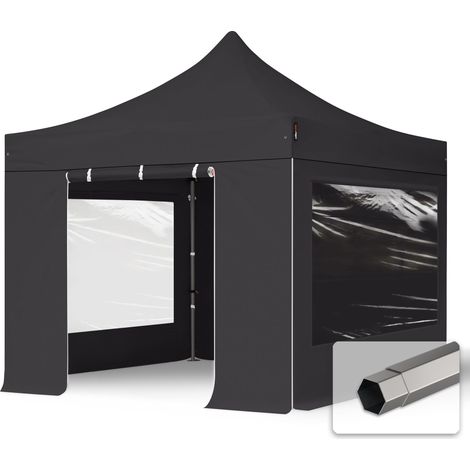 3x3 m Tente pliante - Acier, anti-feu, côtés panoramiques, noir (1/5)