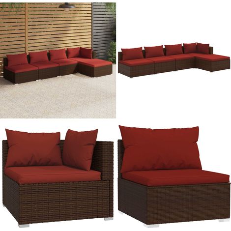 5-tlg. Garten-Lounge-Set mit Kissen Poly Rattan Braun - Gartensortiment - Lounge Möbel - Outdoor Furniture - Gartenloungesessel - Esszimmergarnitur - Home & Living (1/5)