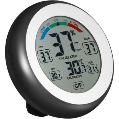 Round black touchscreen thermometer and hygrometer with clock (1/4)