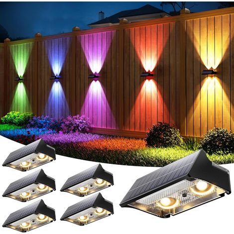 Lot de 4 lampes Solaires pour Extérieur, 9 Modes de Lampes Murales Solaires RGB Etanches vers le haut et vers le bas, Eclairage Solaire Puissant pour Clôture de Jardin, Patio, Porte (1/5)