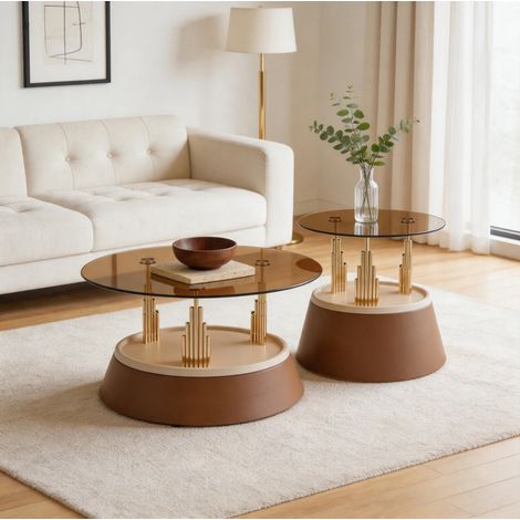 Set de 2 tables basses gigognes rondes en verre trempé et métal, marron, OKWISH (1/5)