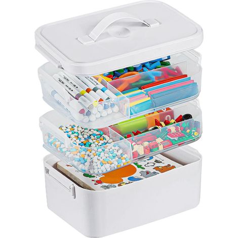 Boite De Rangement Artisanal - 3 Niveaux Avec Bac Amovible - Contenant Plastique Avec Couvercle Et Poignee - 11 L - Pour Fournitures Creatives Couture Perles (1/5)
