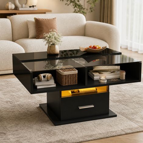 Mesa de centro elevable 78x78x45,5 cm de paneles de madera negros con almacenaje (1/5)