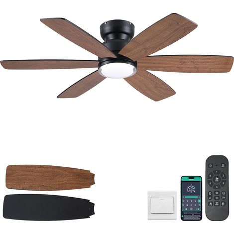Ventilateur de plafond rustique 117 cm avec lumière, bas profil encastrable, télécommande et APP, 6 pales réversibles double face, 3 températures de couleur LED dimmables pour salon et ferme, marron (1/5)