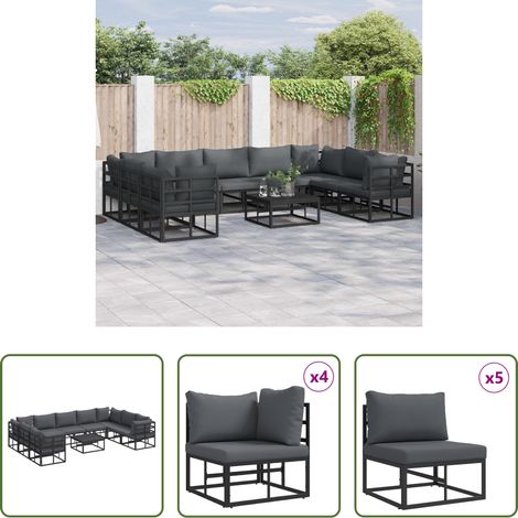 vidaXL Aluminiumsofa - Gartensofa-set mit Kissen 10 pcs Schwarz Aluminium (1/5)
