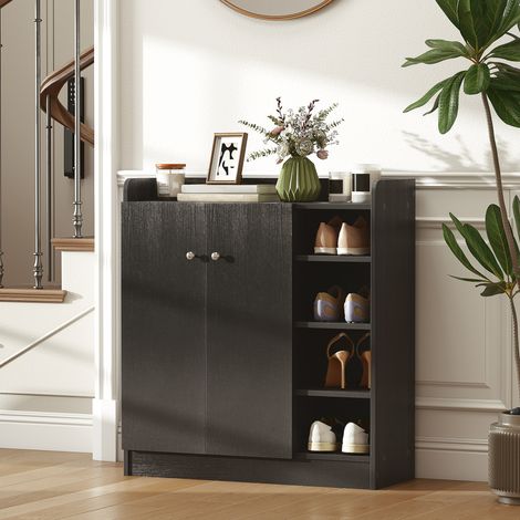 Zweitüriger Schuhschrank, schmales Schuhregal mit verstellbaren Einlegeböden für 12 Paar Schuhe, 83 x 30 x 90 cm, Schwarz