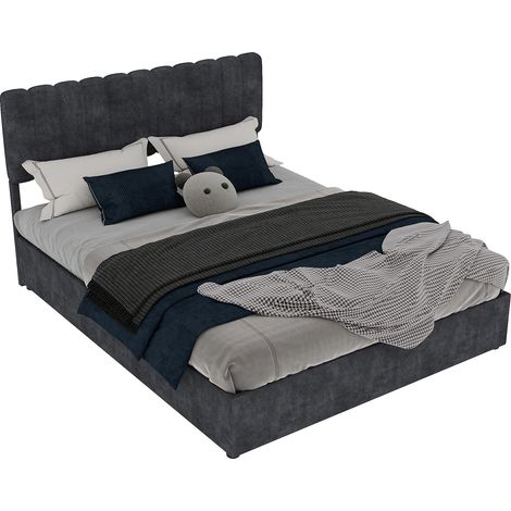 Lit rembourré moderne et minimaliste avec tête de lit douce et confortable, 160x200 cm, gris, meuble de chambre multifonctionnel, base de rangement haute avec mécanisme à vérins à gaz, matelas non inc (1/5)