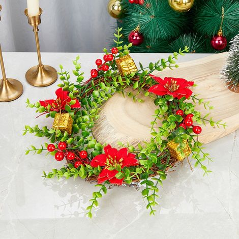 Guirlande De Noël - Avec Fleurs Rouges Et Baies - Pour Portes Fenêtres Armoires Et Tables - Diamètre 15 Cm - Lot De 1 (1/2)
