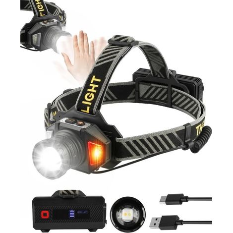 Ultra-Bright LED Headlamp, USB-C Rechargeable with 12 Lighting Modes, Sensor & Warning Light, IPX5 Waterproof, 90° Adjustable Zoomable Extendable Head for Camping, Hiking, Fishing, and Running