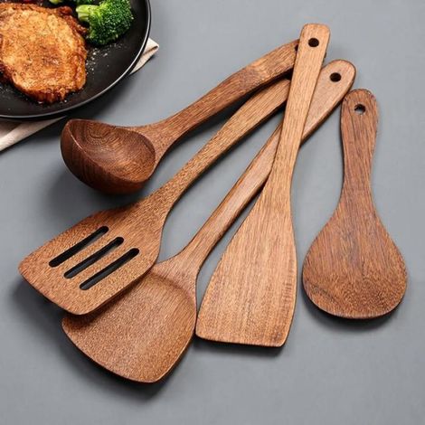 Ustensiles De Cuisine - Bois D'acacia - Ensemble 5 Pièces - Pour Poêles À Revêtement - Naturel Et Non Traités (1/5)