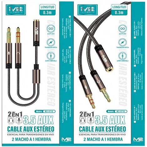 Câble AUX stéréo 2 en 1 M2 TEC V-7218 - 2 mâles → 1 femelle, 0,3 m, câble tressé résistant, idéal pour l'audio mobile