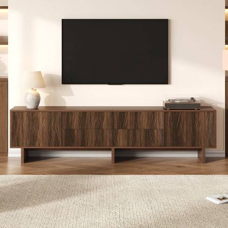 TV-Schrank aus Spanplatte in Walnuss, 180,0 x 40,0 x 56,0 cm, 4 Schubladen, 2 Türen, wellenförmiges Design, bis 75 Zoll (1/5)