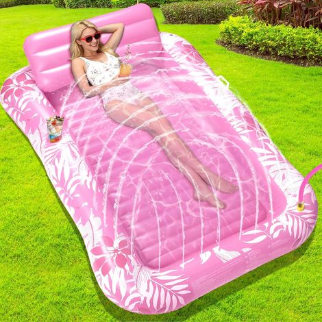 Aufblasbare Poolmatratze mit Sprinkler, aufblasbare Poolhängematte mit Kissen und Getränkehaltern, bedruckte Sonnenliege 210 x 130 cm für Pool, Garten, Rasen und Strand (1/5)
