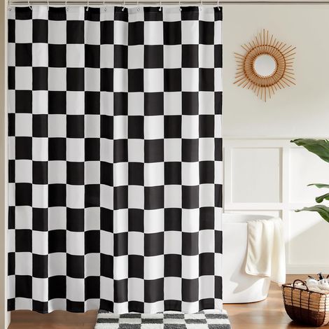 Rideau de douche à carreaux noir et blanc pour salle de bain, joli rideau de douche rétro à carreaux vintage esthétique, rideau de bain en tissu lavable 180 x 180 cm