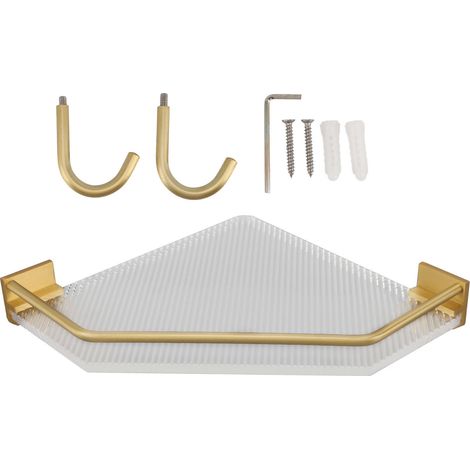Étagère d'angle murale en acrylique sans perçage, étagère flottante murale en acrylique, support de rangement doré pour salle de bain et cuisine avec crochet (1/5)