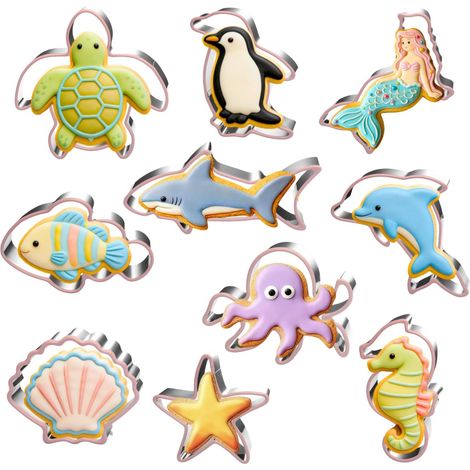 Ocean Animal Cookie Cutters, 10 Pieces Stainless Steel Cookie Cutters, Dishwasher Safe, Sea Creature Shapes for Baking, Fondant, Kids, Parties and Holiday Treats (1/5)