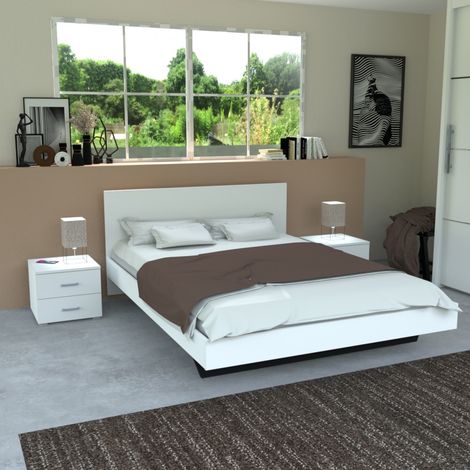 Le Quai Des Affaires – Lit adulte 160x200cm – 2 chevets avec tiroirs – Structure en panneau de particules blanc – Dimensions 202x164x75 cm