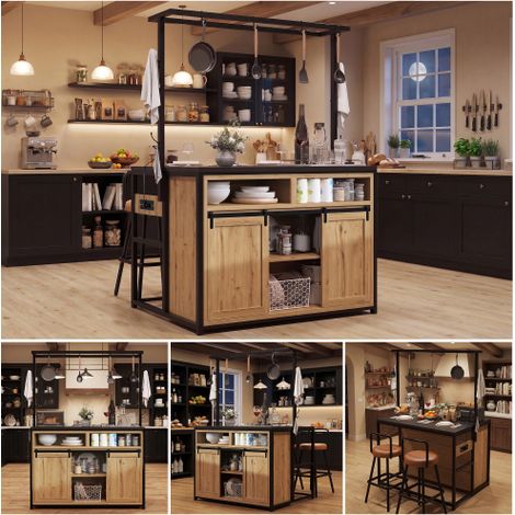 Îlot de cuisine 107×62×183cm façades imitation bois cadre métallique noir rail suspendu crochets bloc d’alimentation 3680W table arrière rabattable capacité de charge 60kg (1/5)