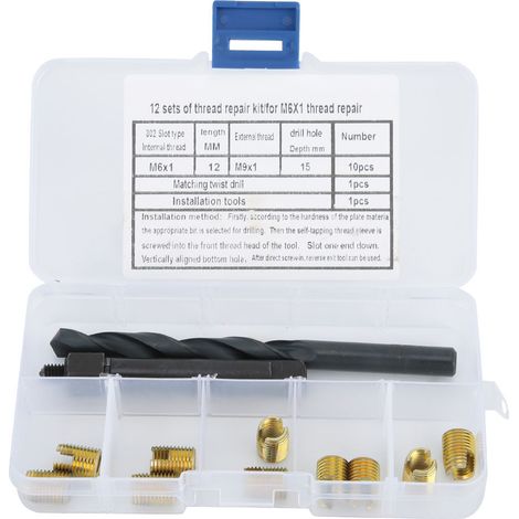 Kit de réparation de filetage M6x1 (12 pièces) avec embouts autotaraudeurs et forets hélicoïdaux