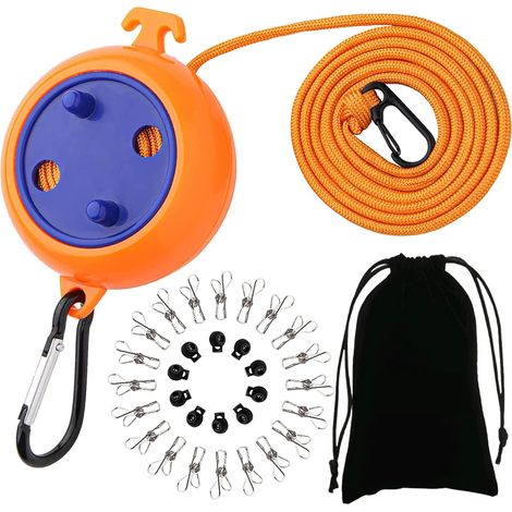 Tendedero retráctil, portátil y antideslizante, 10 m, 10 lazos de sujeción y 20 pinzas, ideal para viajes, camping, interior y exterior (naranja) (1/4)