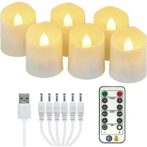 Lot de 6 bougies chauffe-plat LED rechargeables, bougies LED à flamme vacillante avec télécommande et fonction minuterie, bougies électriques (1/3)