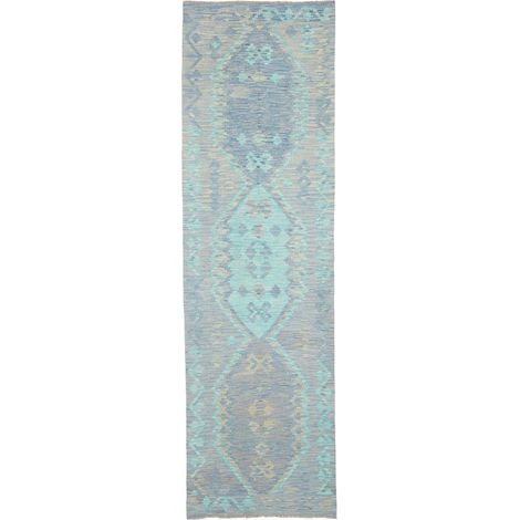 Tapis d'orient 88 x 298 cm, géométrique, multicolore orange et rouge, en laine naturelle, tissé plat, idéal pour couloir (1/5)