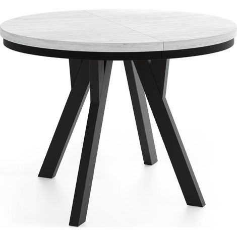 Runder Ausziehbarer Esstisch im Loft-Stil – Platzsparender Tisch für Wohnzimmer – mit Schwarzen Holzbeinen – Kiefer Weiß – 100 bis 140 cm
