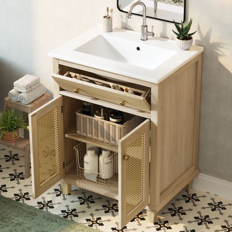 Mueble de baño de 61 cm con lavabo cerámico, puertas de ratán y madera natural DESVIAE (1/5)
