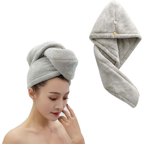 Serviette bandana en microfibre, séchage rapide, super absorbante, avec boutons, pour tous types de cheveux (Gris)