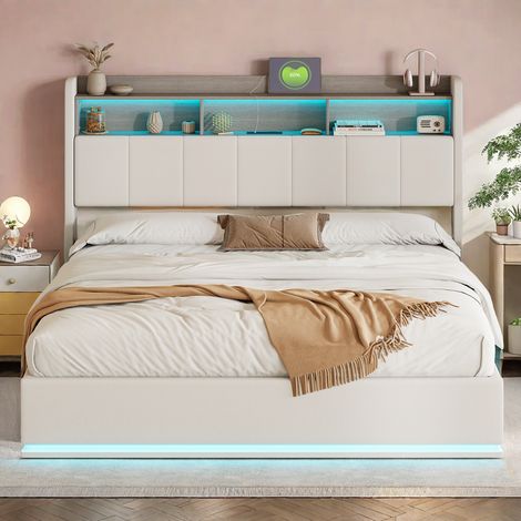 Lit Coffre LED 160x200 cm, Lit Rembourré Coffre avec Tête de Lits Capitonné et Rangement, Lit Double avec USB et Lumière LED pour Adultes et Adolescents, Blanc (1/5)