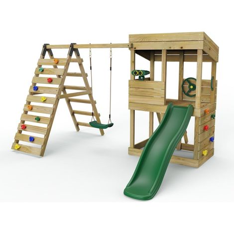 Rebo Lookout Tower Playhouse with Swing and Climbing Wall plus 6ft Slide - Crest