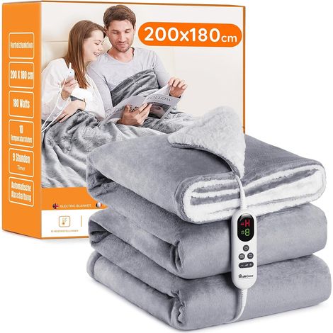 Heated Blanket Electric Blanket 200 x 180 cm, Flannel Sherpa, 10 Temperature Levels, 1 to 9 Hours Automatic Shut-off, Digital Display, Machine Washable, Grey