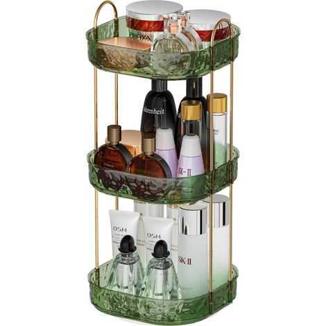 Lot organisateur maquillage rotatif 360°, porte-maquillage tournant pour salle de bain, rangement cosmétique grande capacité, étagère de vanité 3 niveaux vert pour comptoir salle de bain, cuisine, coi (1/5)