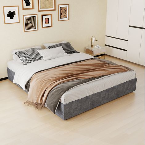 Lit coffre 160x200 cm en tissu velours gris, avec rangement pour chambre, avec matelas FloraGrace (1/5)