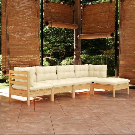 FIMEI Salon de jardin 5 pcs avec coussins crème Bois de pin (1/5)