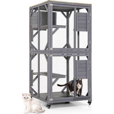 Wooden Cat House Kitten Cage Enclosure on Wheels w/Asphalt Roof 2 Platforms (1/5)