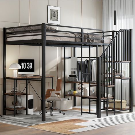 Bett Hochbett 120x200 cm modern aus Metall und MDF in Schwarz, mit Schreibtisch, Regal, offenem Kleiderschrank und Eckleiter (1/5)