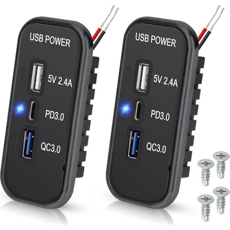 Prise USB 12 V, port USB-C PD3.0, chargeur QC3.0 et port USB-A 2,4 A, panneau de charge rapide 3 ports pour voiture/bateau - 2 pièces (1/4)
