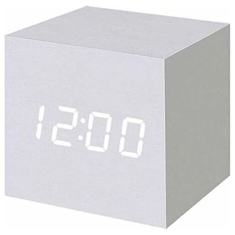 Réveil numérique DEL en bois, horloge cube numérique avec affichage de la date et de la température, fonctionnement USB/piles (blanc) (1/5)